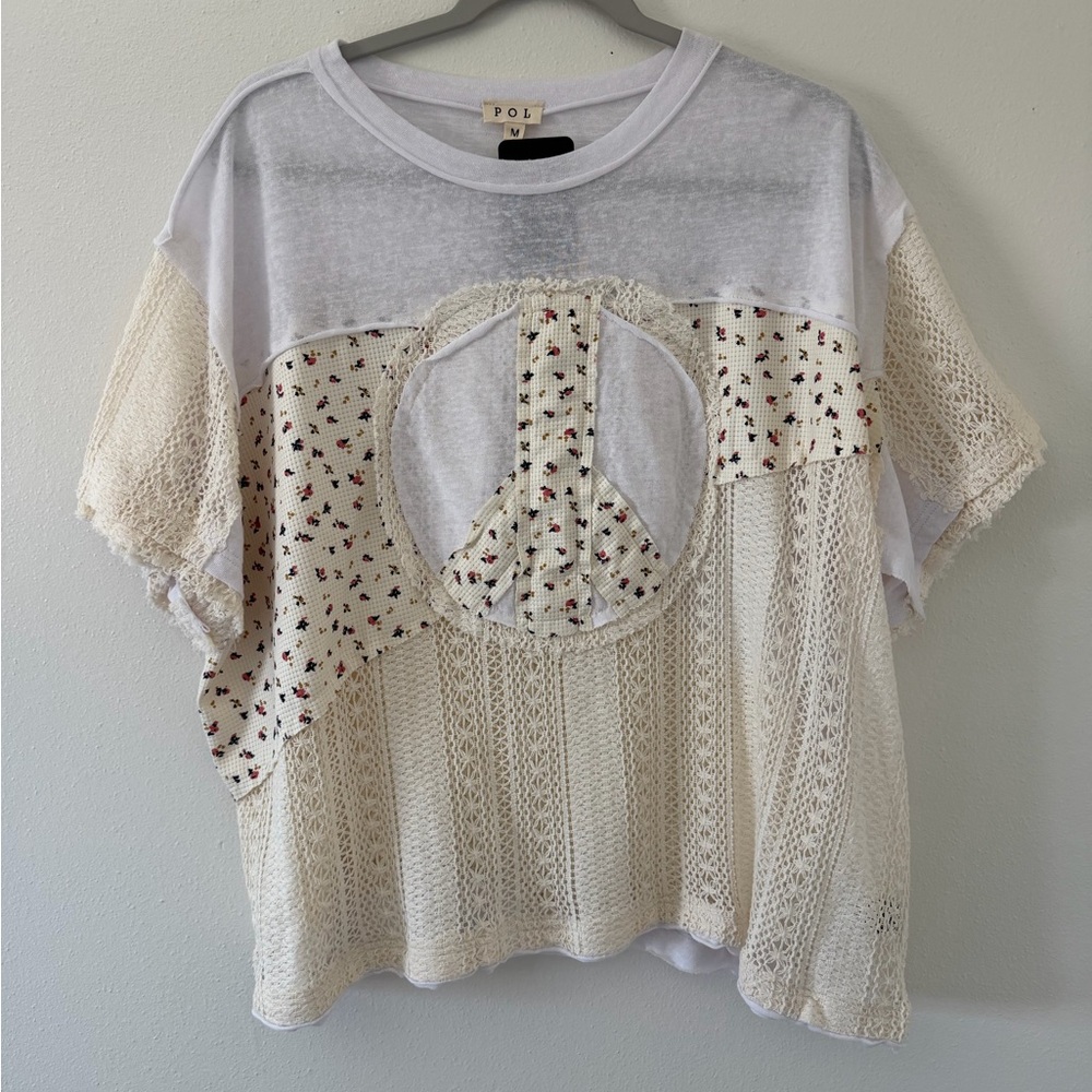 ✨NWT-POL Half Crochet Peace Sign Patchwork BOHO Short Sleeve Top size medium - Picture 4 of 12